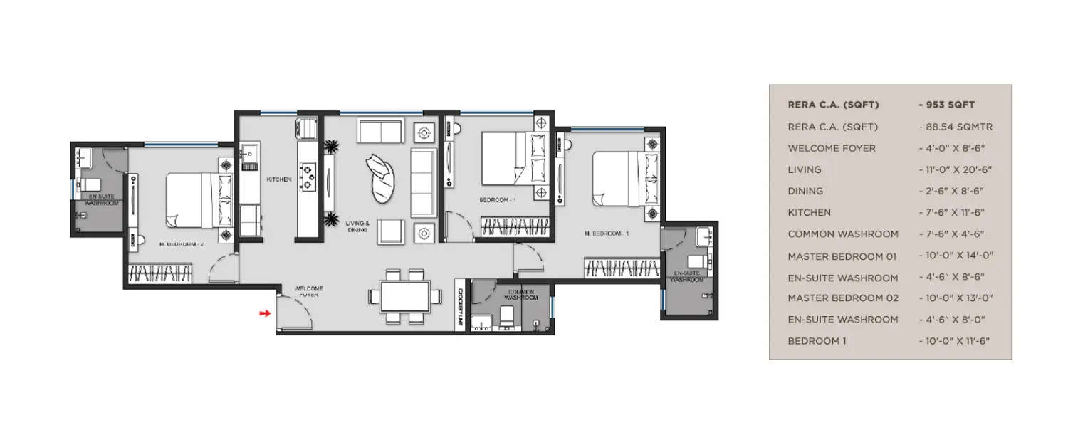 Floor plan for 3 BHK