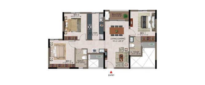 Casagrand Athens Mogappair - Floor plan 3 BHK 1366 Sq.ft
