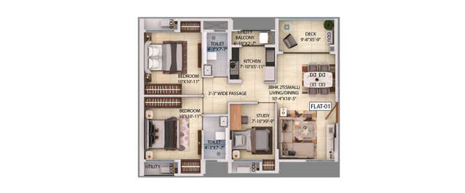 Srijan Optima Rajarhat - Floor plan 3 BHK 1153 Sq.ft