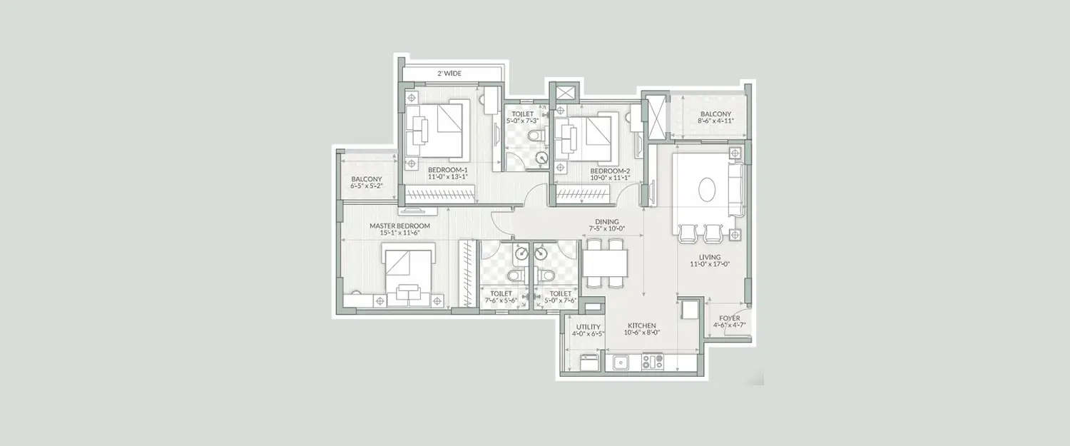 Floor plan for 3 BHK