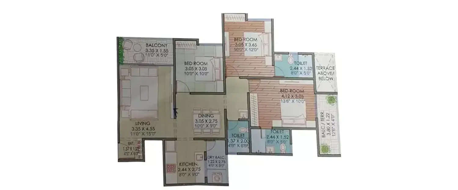 Floor plan for 3 BHK