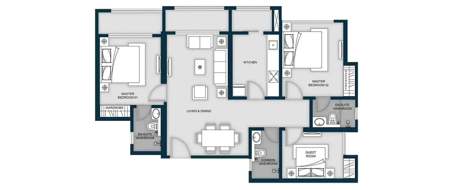 Floor plan for 3 BHK