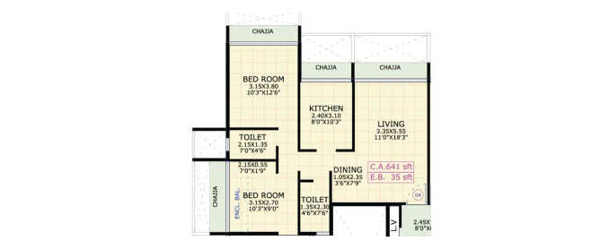 Gami Asters Ghansoli - Floor plan 2 BHK 676 Sq.ft