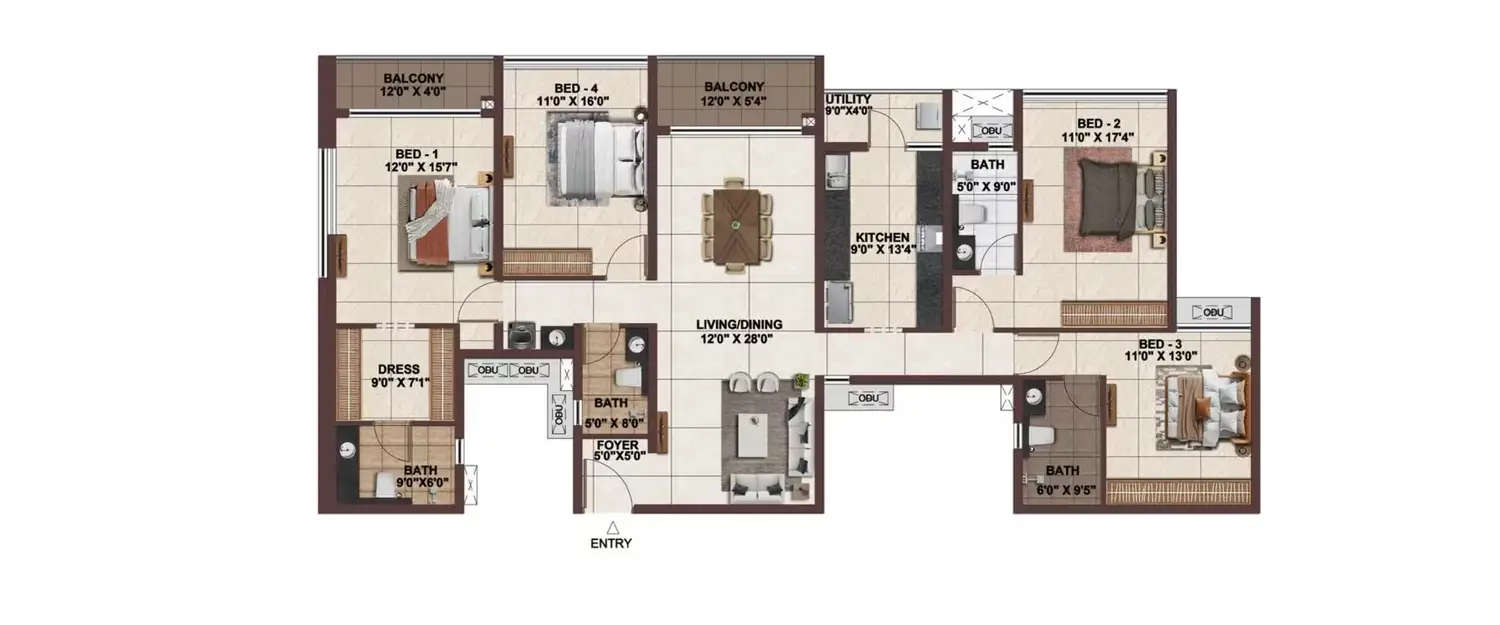 Floor plan for 4 BHK