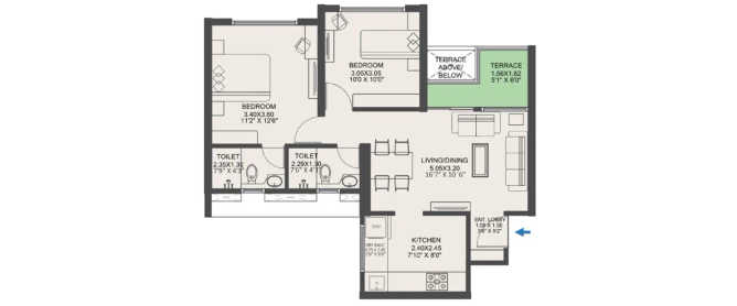 VTP Pegasus Kharadi - Floor plan 2 BHK 681 Sq.ft