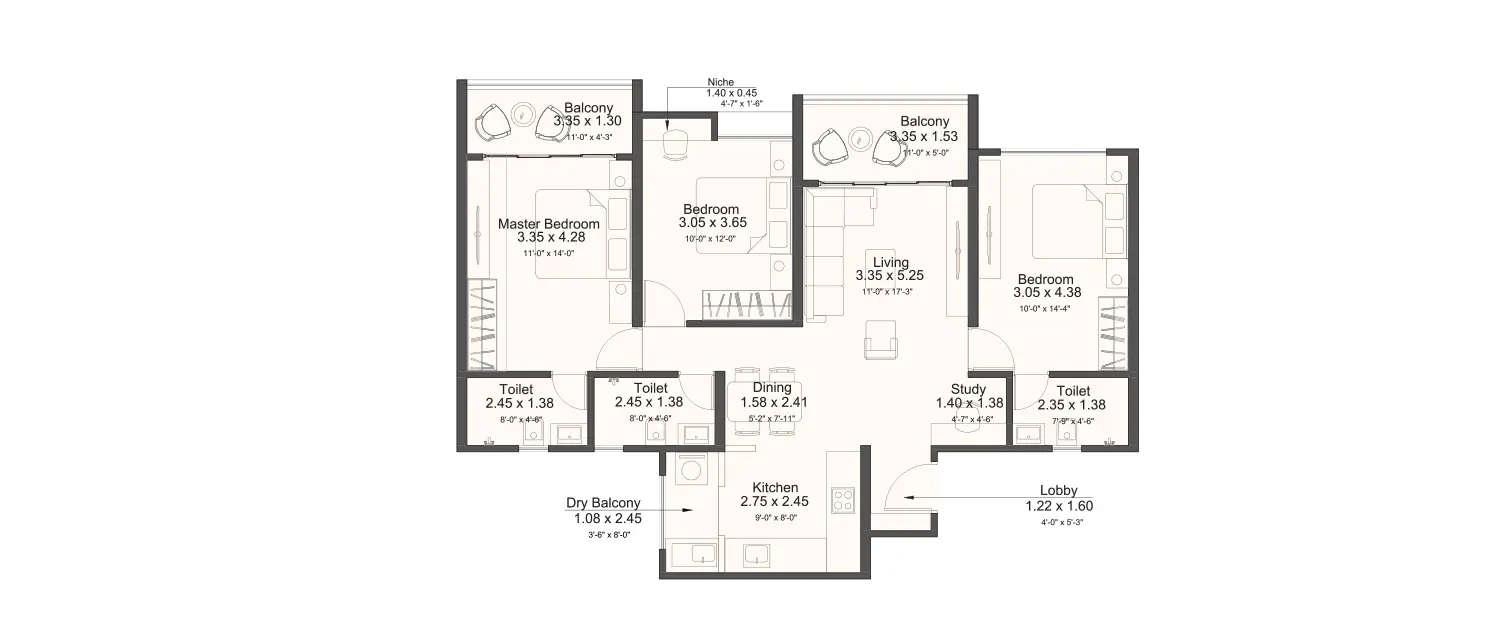 Floor plan for 3 BHK