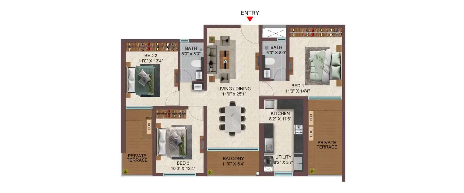 Floor plan for 3 BHK