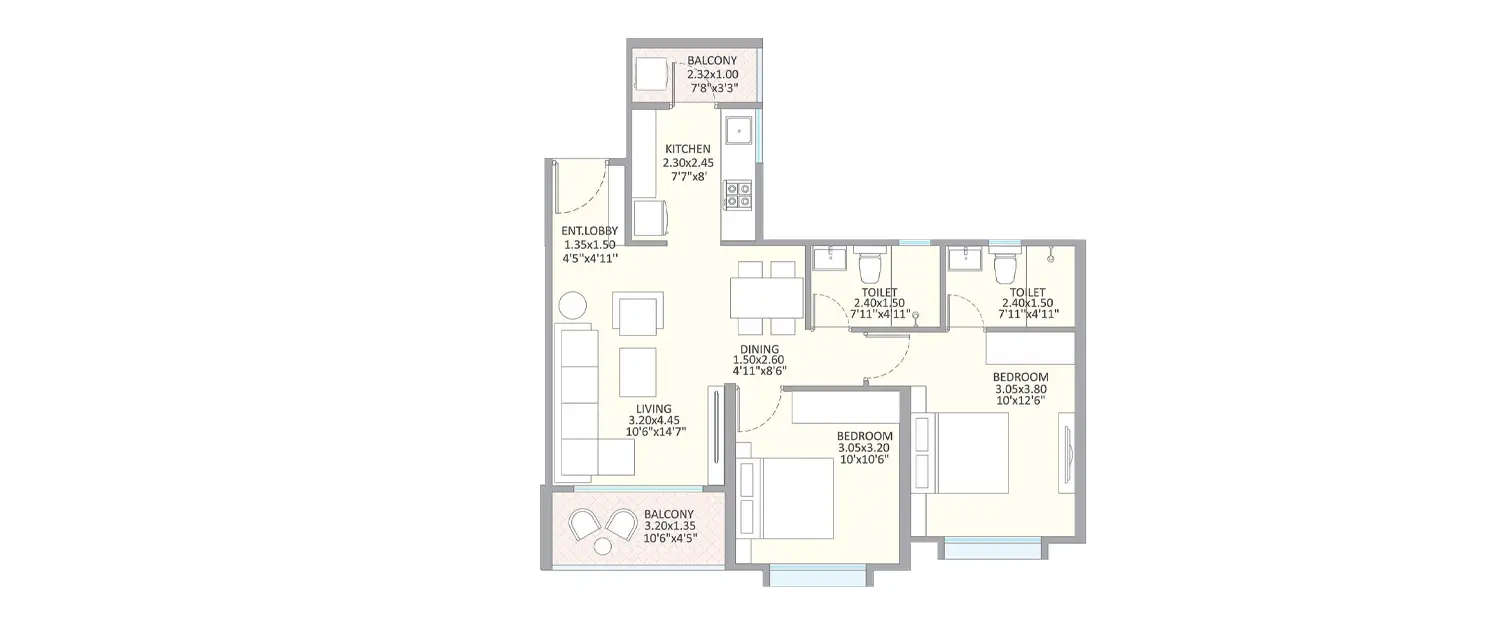 Floor plan for 2 BHK