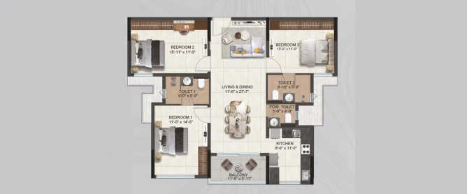 Radiance Eternity Oggiyamduraipakkam - Floor plan 3 BHK 1720 Sq.ft