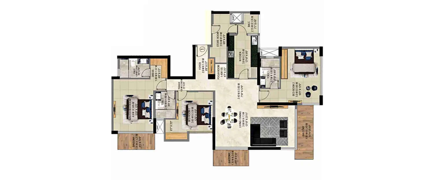 Floor plan for 3 BHK