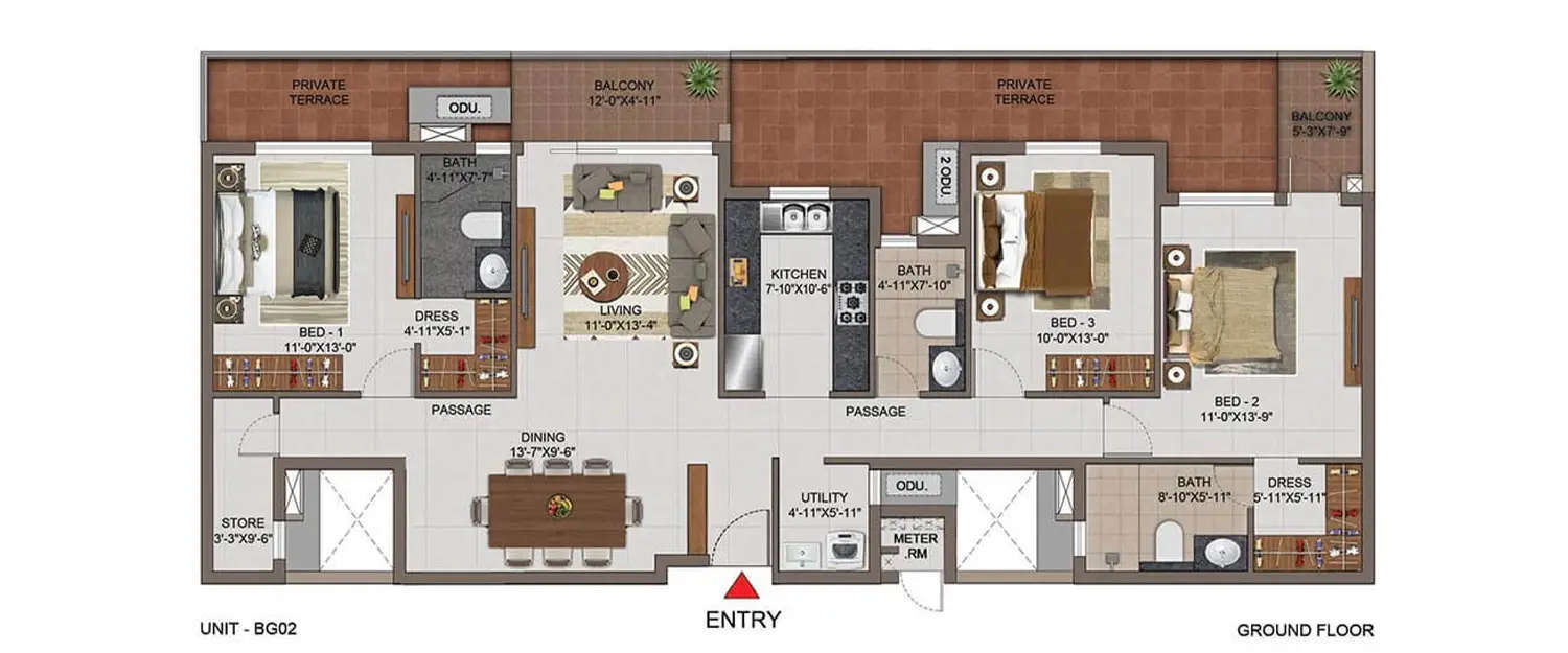 Floor plan for 3 BHK