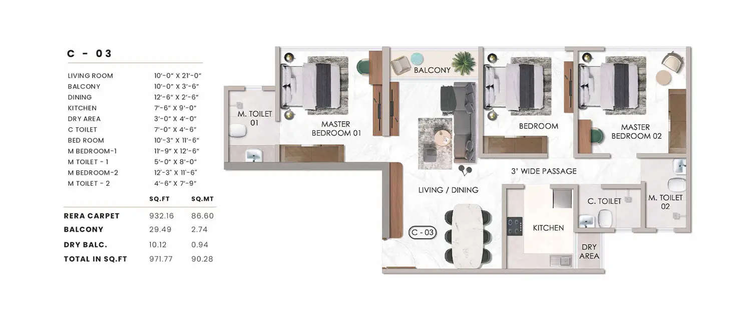 Floor plan for 3 BHK