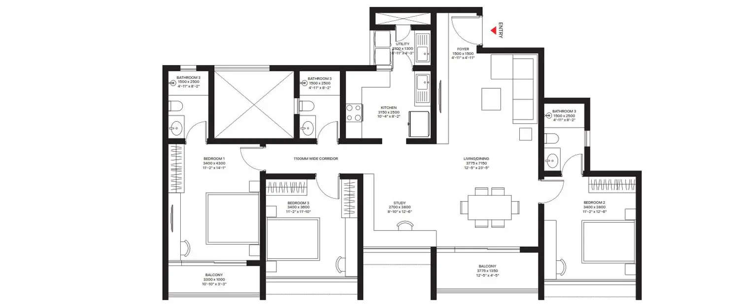 Floor plan for 3 BHK