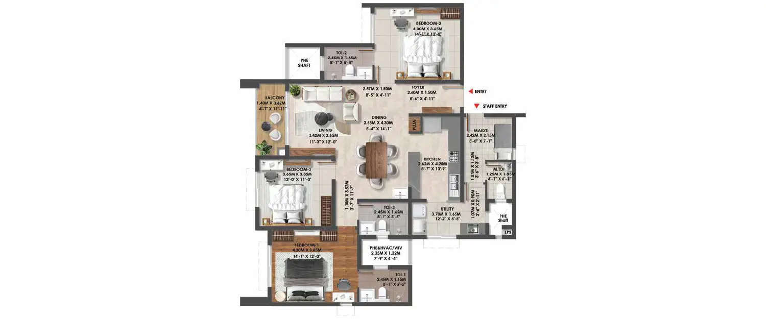 Floor plan for 3 BHK