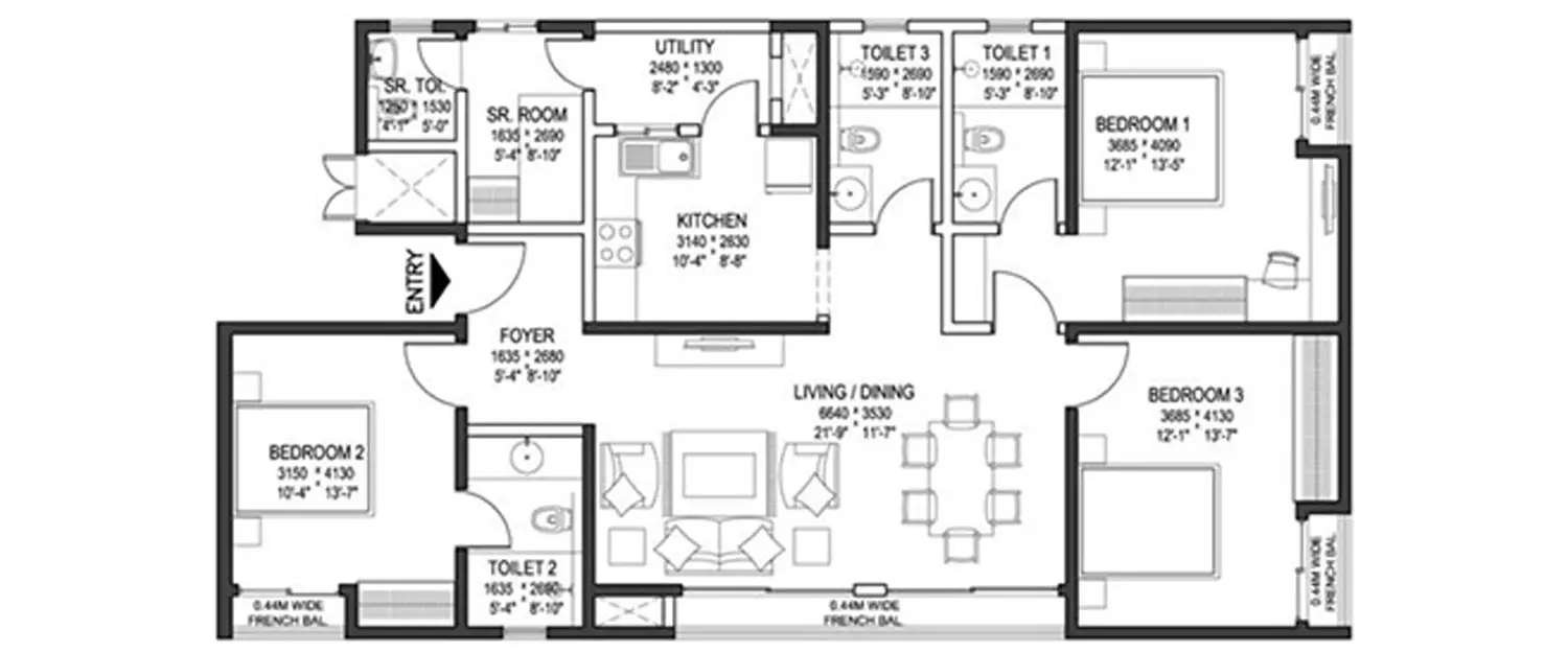 Floor plan for 3 BHK