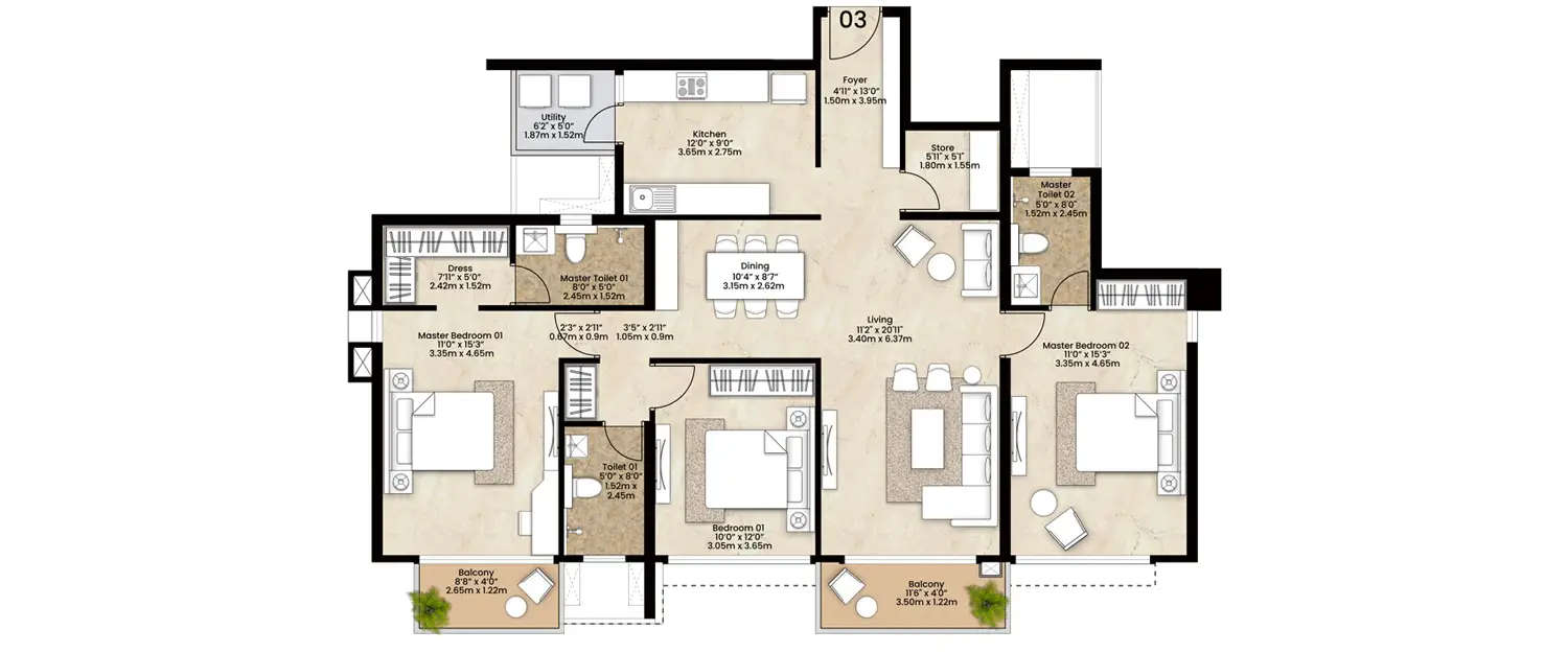 Floor plan for 3 BHK