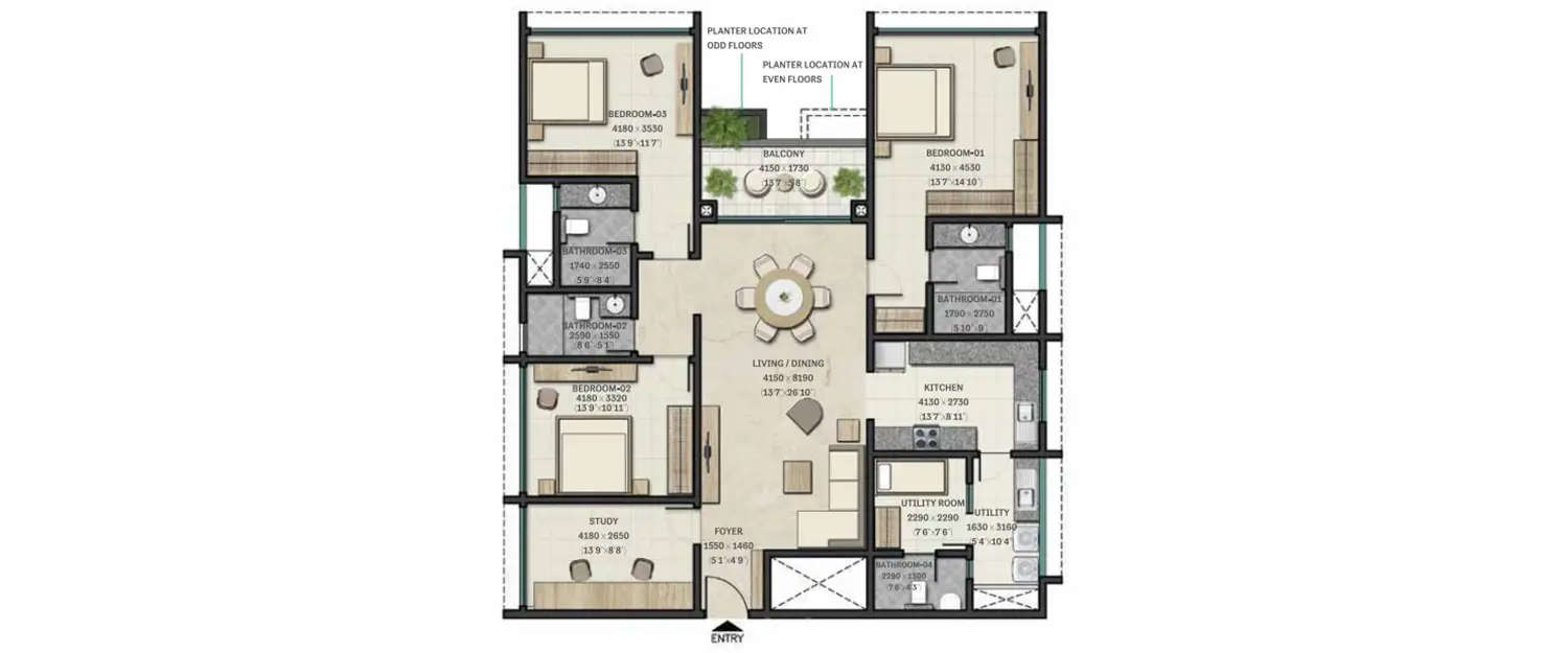 Floor plan for 3 BHK