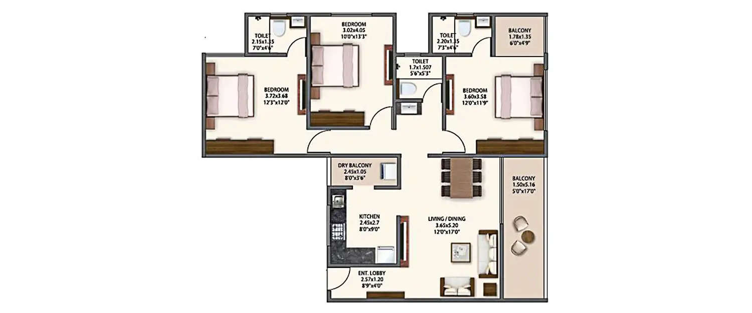 Floor plan for 3 BHK