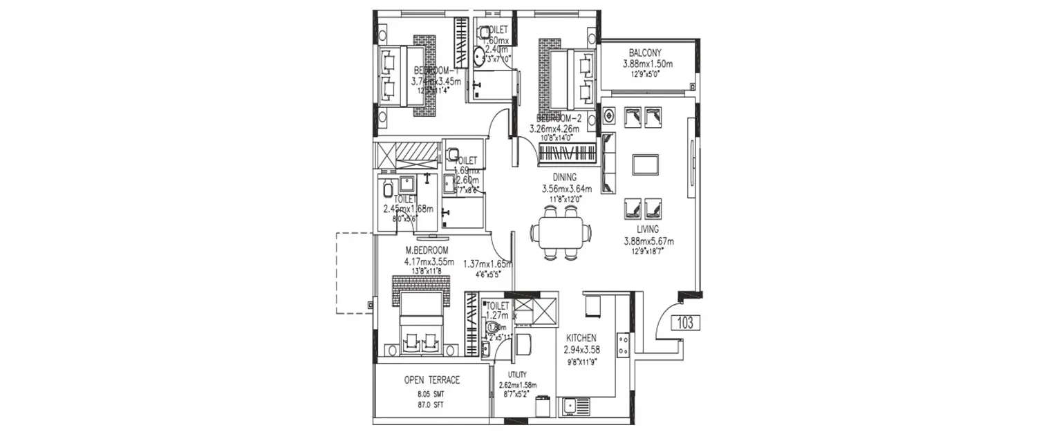 Floor plan for 3 BHK