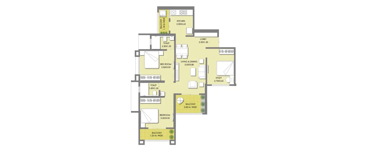 Floor plan for 3 BHK
