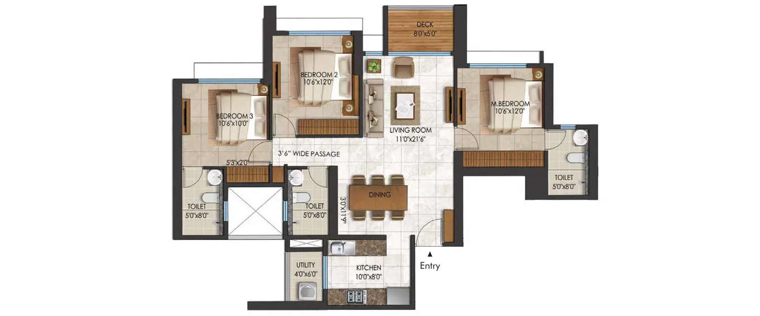 Floor plan for 3 BHK