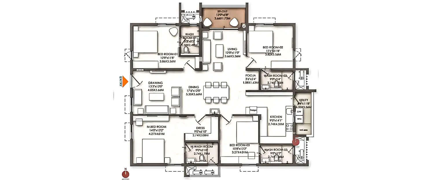 Floor plan for 4 BHK