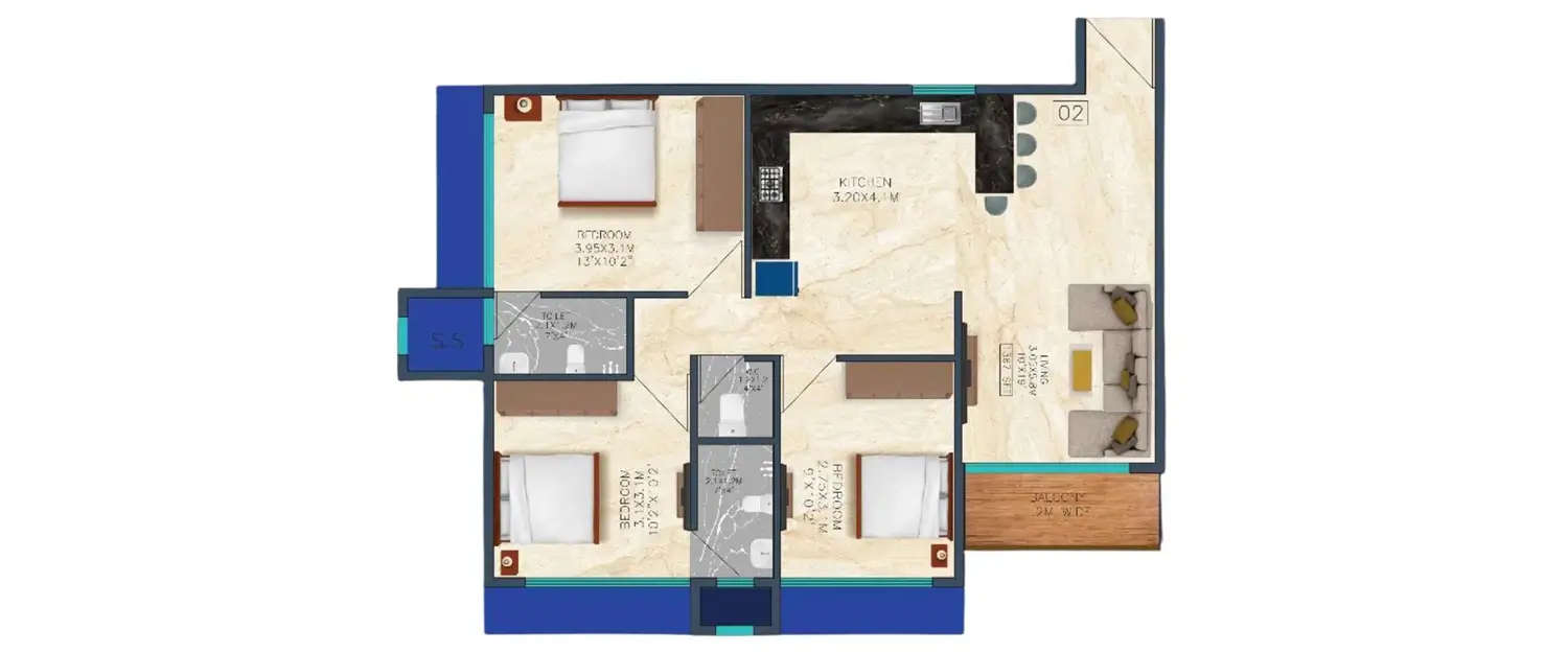 Floor plan for 3 BHK