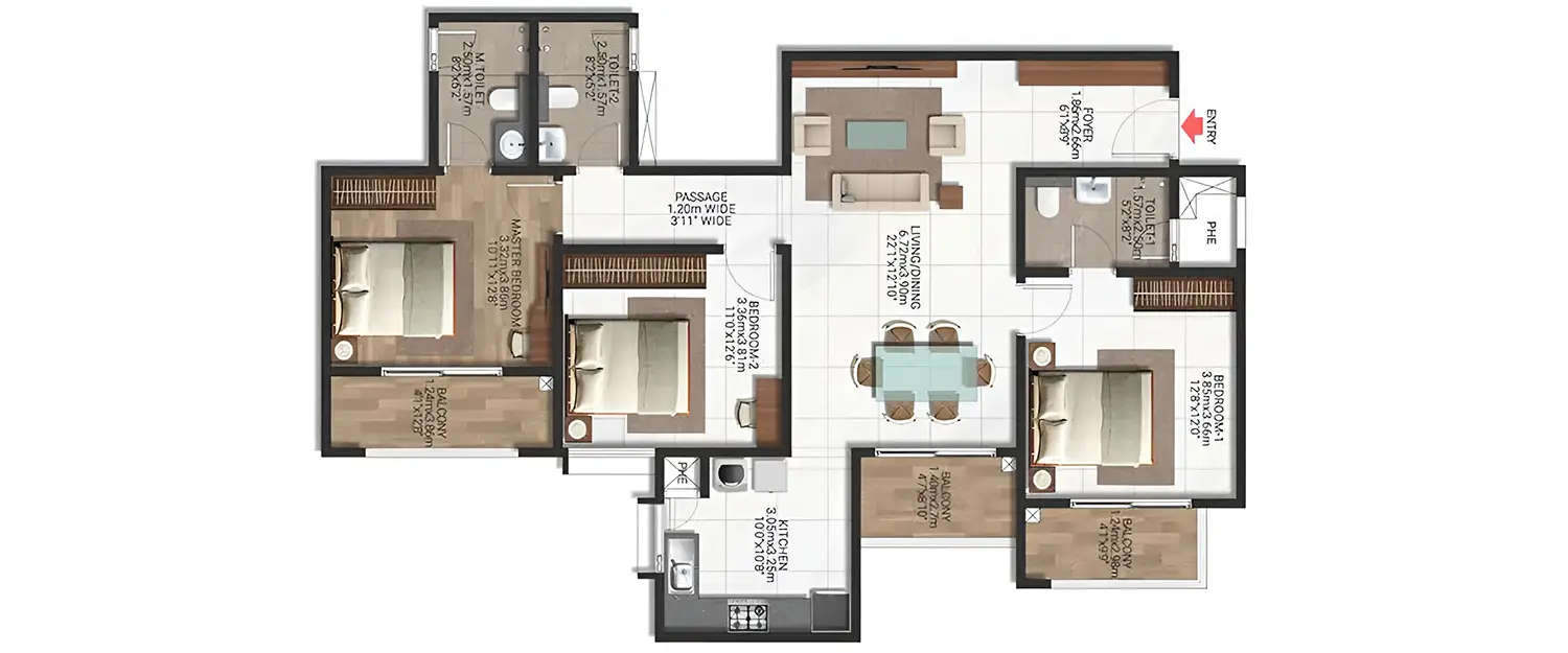 Floor plan for 3 BHK
