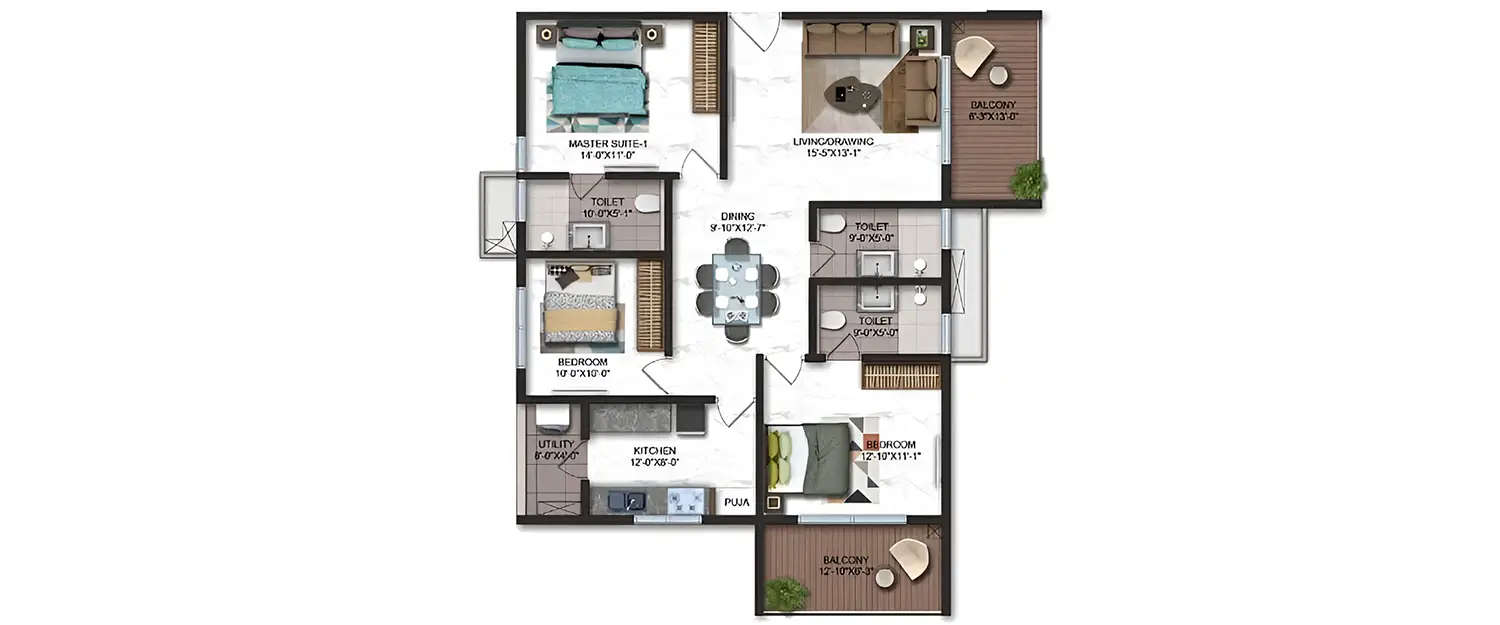 Floor plan for 3 BHK