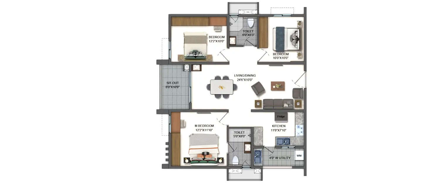 Floor plan for 3 BHK