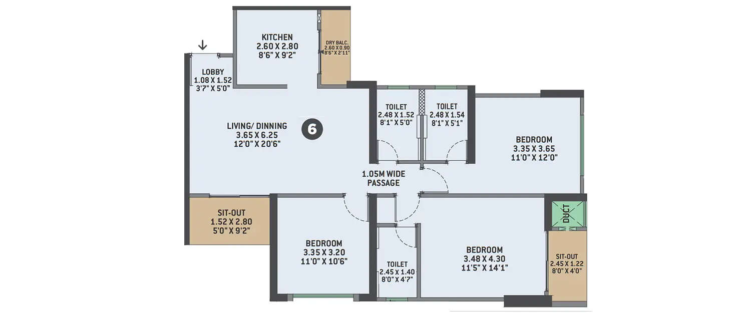 Floor plan for 3 BHK