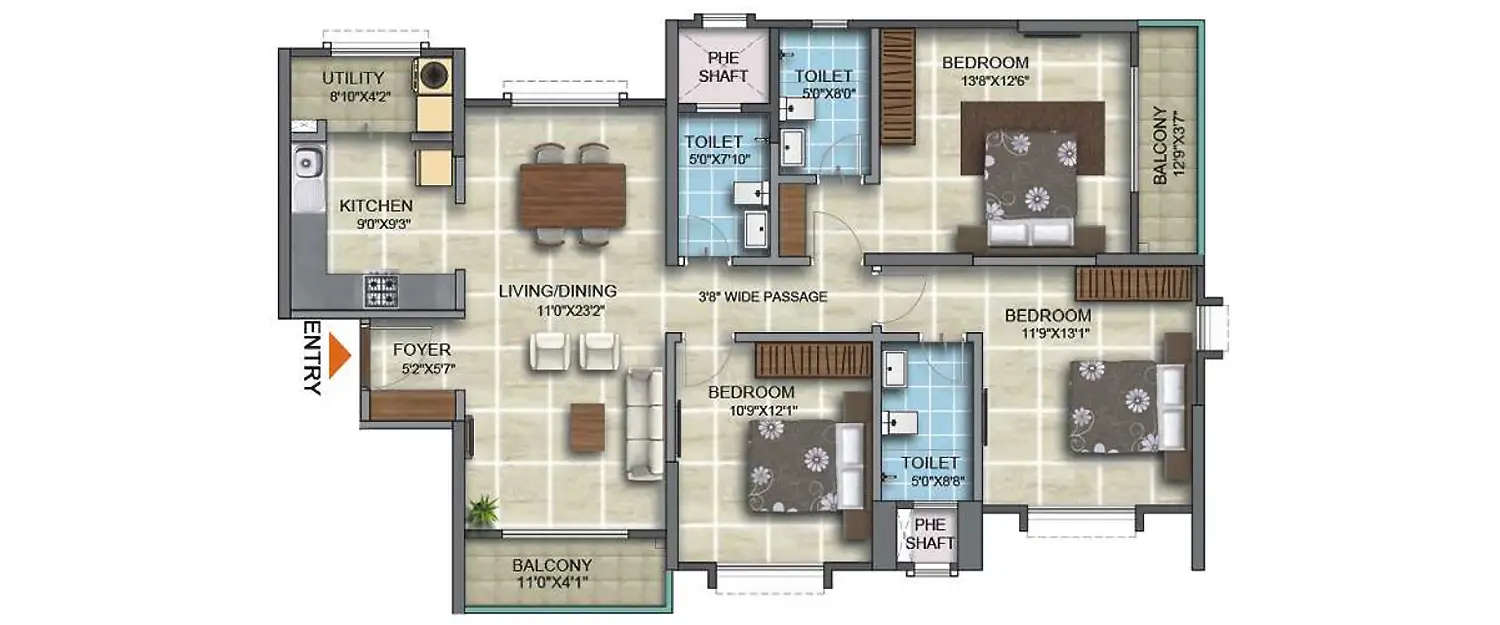 Floor plan for 3 BHK