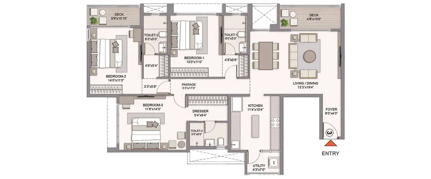 Floor plan for 3 BHK