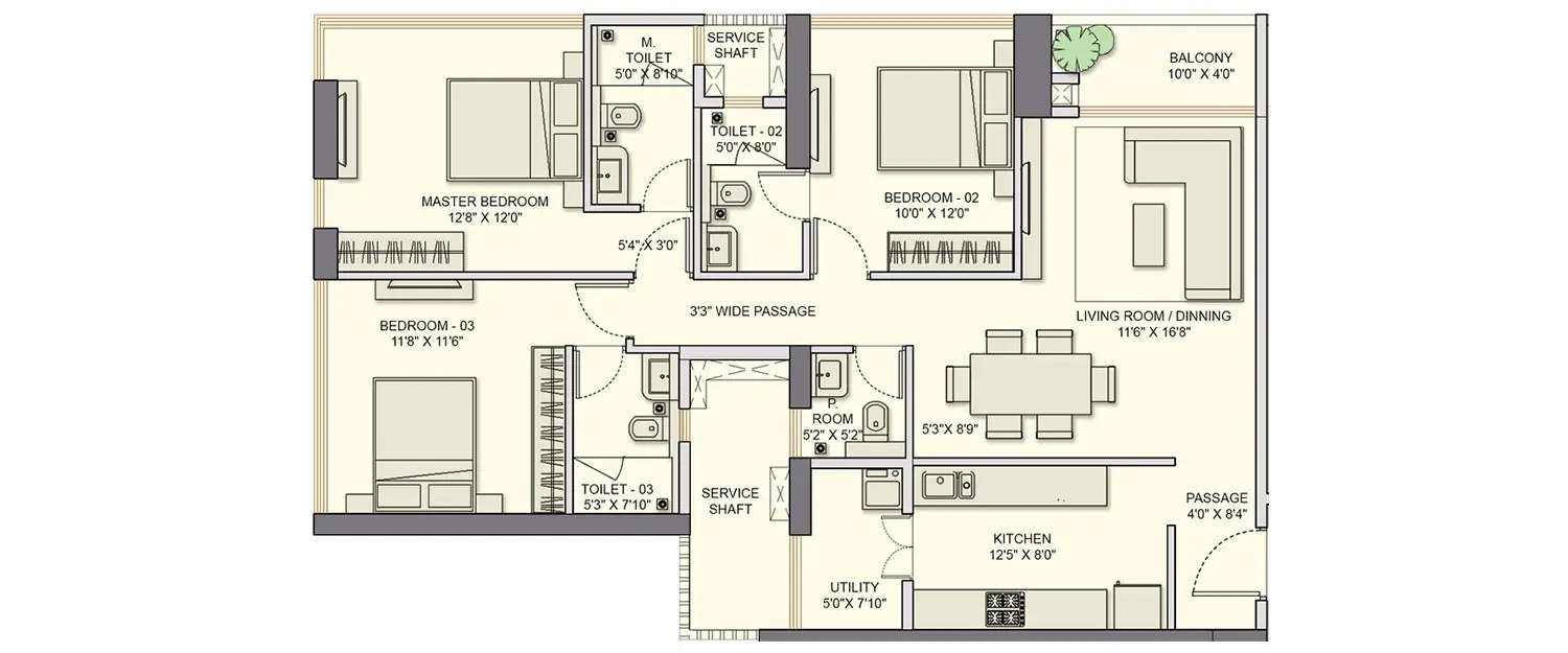 Floor plan for 3 BHK