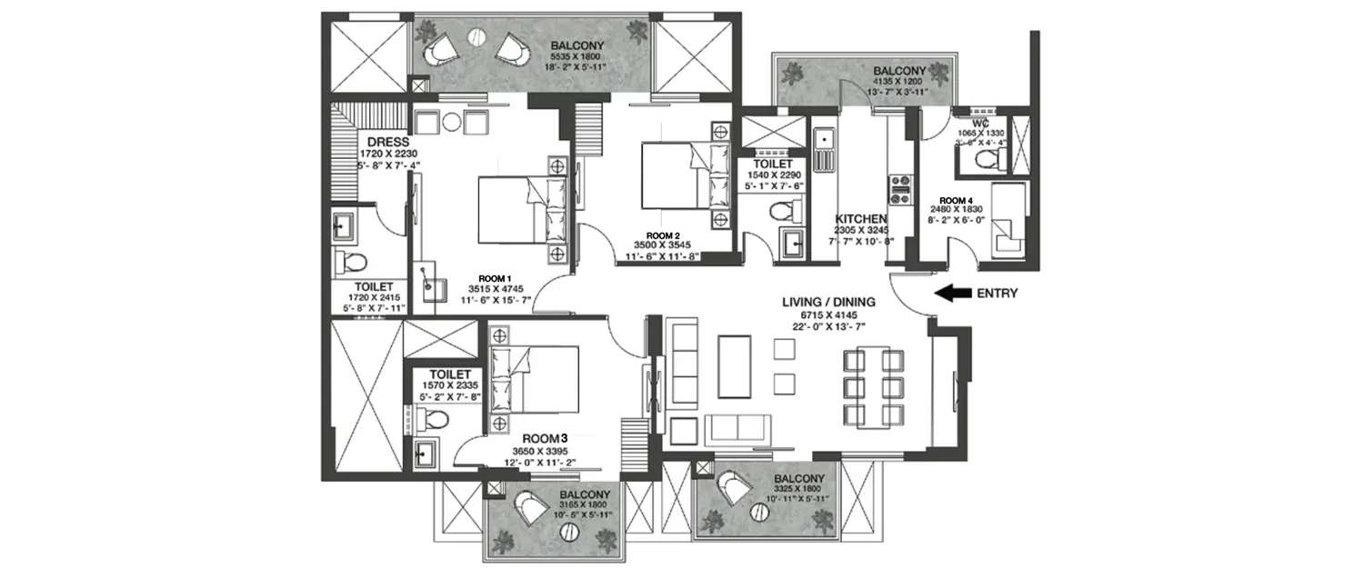 Floor plan for 3 BHK