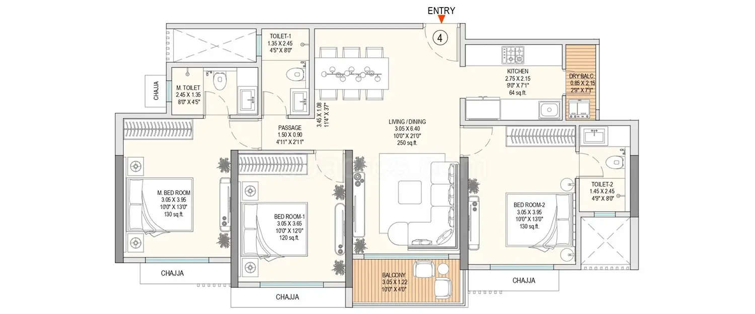 Floor plan for 3 BHK