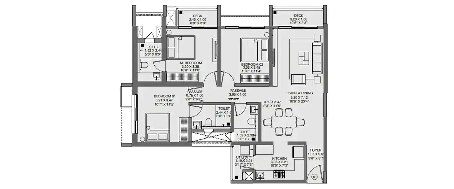 Floor plan for 3 BHK