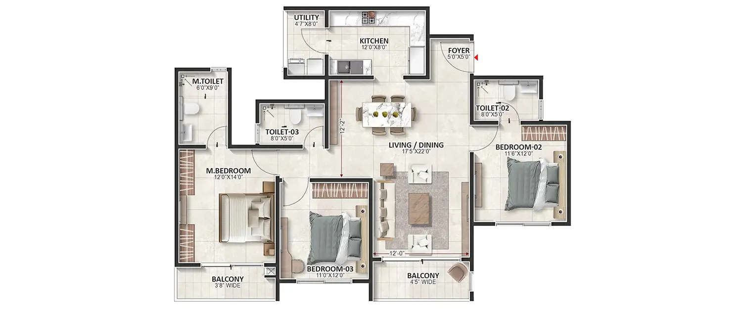 Floor plan for 3 BHK