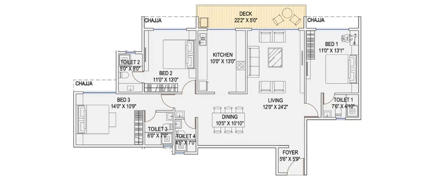 Floor plan for 3 BHK