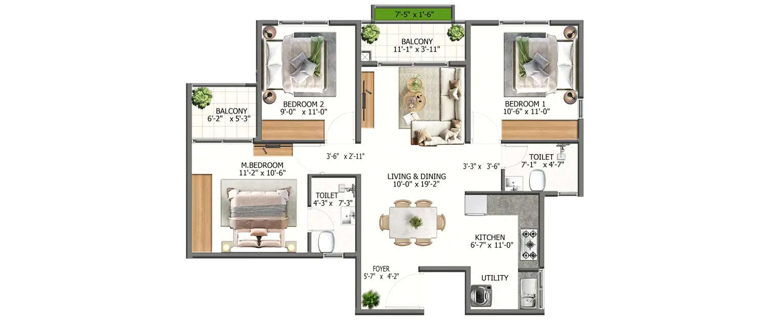 Floor plan for 3 BHK