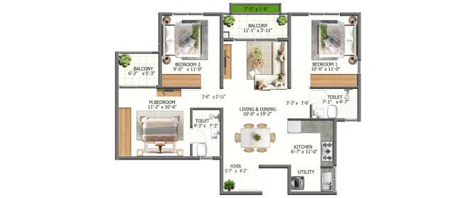 Sowparnika Whispering Petals Hoskote - Floor plan 3 BHK 1326 Sq.ft