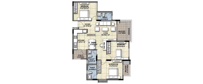 Ajmera Florenza Yelahanka - Floor plan 3 BHK 1405 Sq.ft