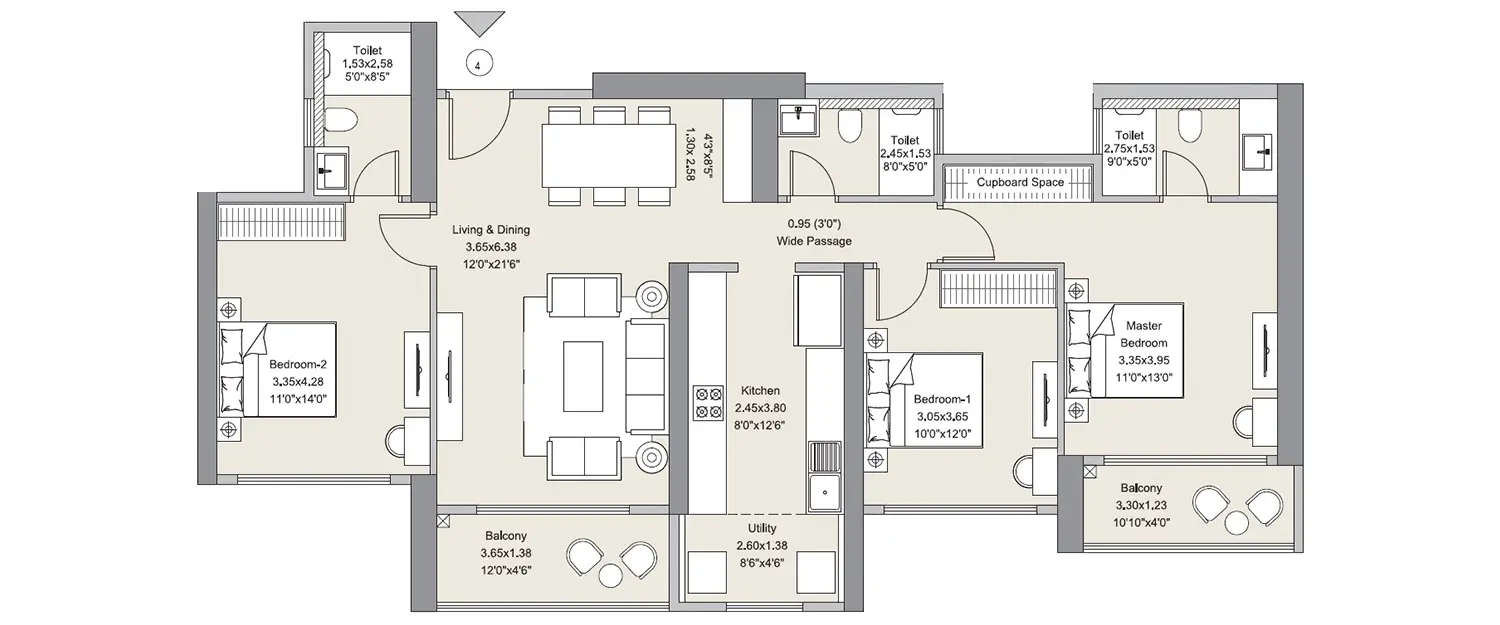 Floor plan for 3 BHK