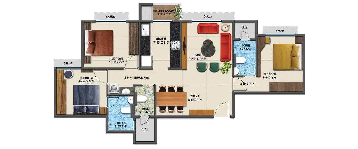 Floor plan for 3 BHK