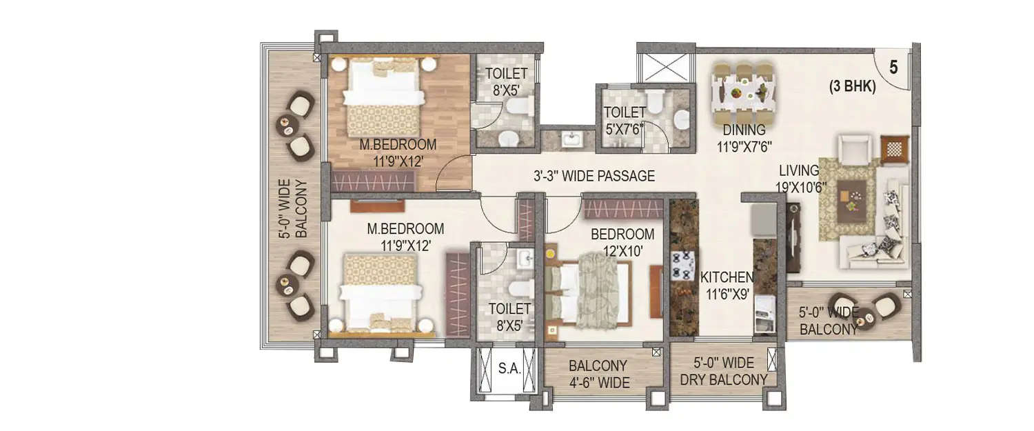 Floor plan for 3 BHK