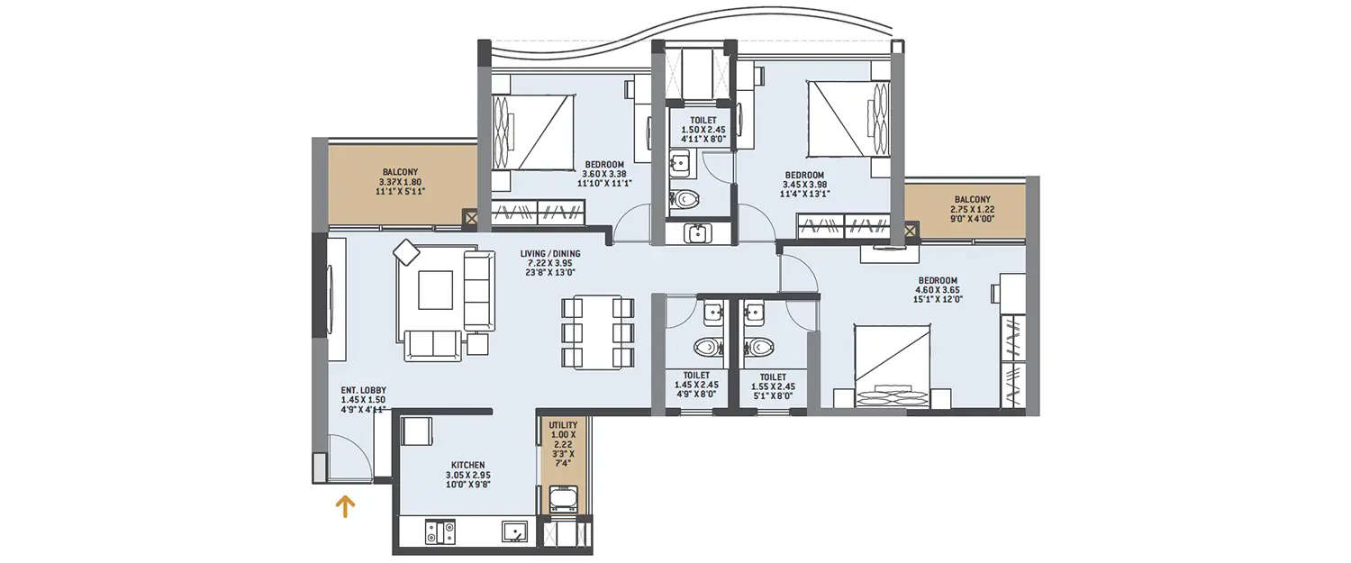 Floor plan for 3 BHK
