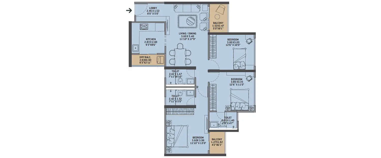 Floor plan for 3 BHK