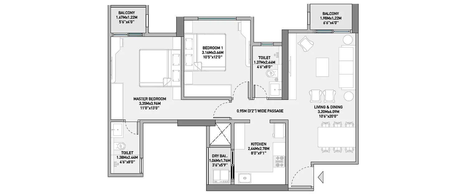 Floor plan for 2 BHK