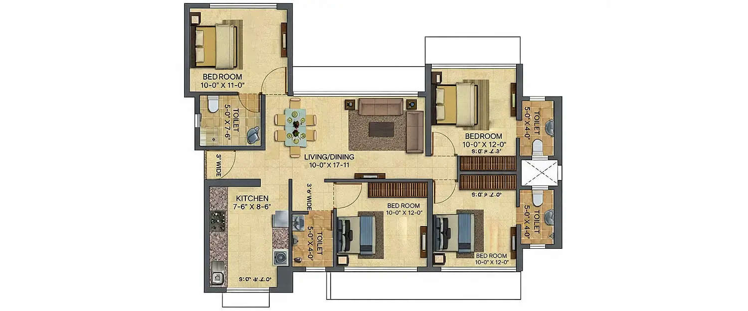 Floor plan for 3 BHK