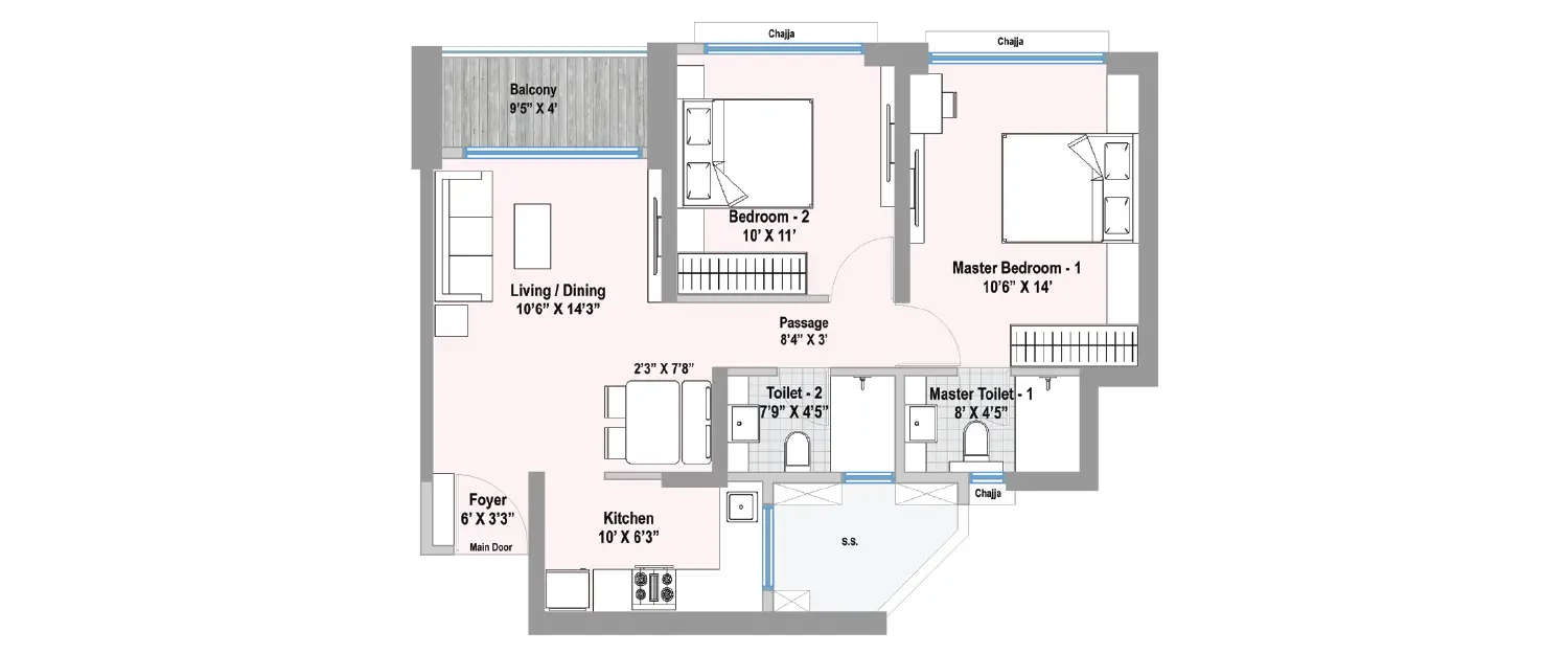 Floor plan for 2 BHK